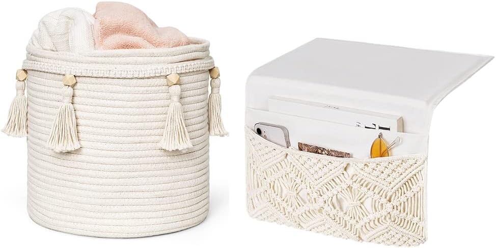 Декоративная корзина из хлопчатобумажной веревки Mkono Macrame и прикроватный органайзер для хранения макраме в стиле бохо для дома, спальни, гостиной, общежития колледжа, набор из 2 предметов
Декоративная корзина из хлопчатобумажной веревки Mkono Macrame и прикроватный органайзер для хранения макраме в стиле бохо для дома, спальни, гостиной, общежития колледжа, набор из 2 предметов