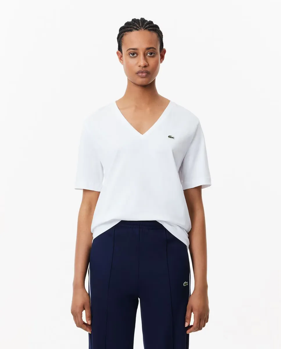 Женская футболка свободного кроя с V-образным вырезом из мягкого хлопкового трикотажа с короткими рукавами Lacoste, белый
Женская футболка свободного кроя с V-образным вырезом из мягкого хлопкового трикотажа с короткими рукавами Lacoste, белый