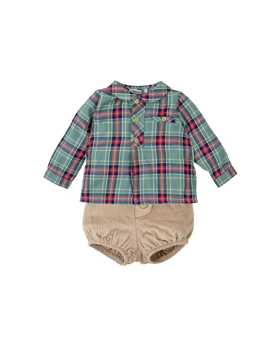 Комплект для мальчика, состоящий из рубашки в клетку и вельветовых шорт BABIDÚ, зеленый 
Комплект для мальчика, состоящий из рубашки в клетку и вельветовых шорт BABIDÚ, зеленый