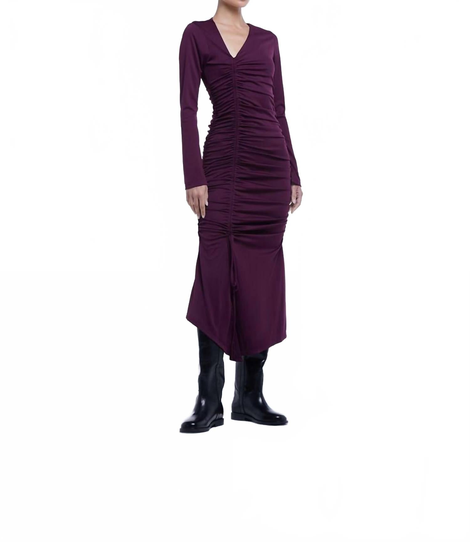 Рюшированное асимметричное миди-платье в цвете изюм Dāl the Label, Raisin
Рюшированное асимметричное миди-платье в цвете изюм Dāl the Label, Raisin