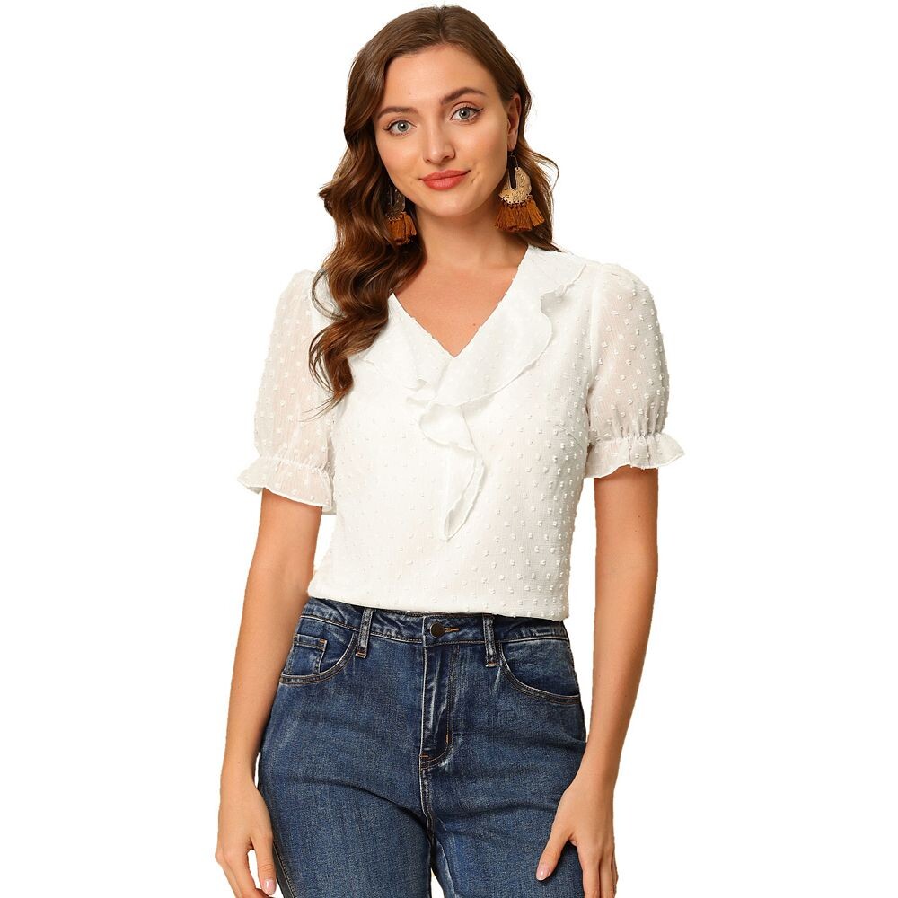 Женская блузка с рюшами и V-образным вырезом в швейцарский горошек, шифоновый крестьянский топ с короткими рукавами ALLEGRA K, белый
Женская блузка с рюшами и V-образным вырезом в швейцарский горошек, шифоновый крестьянский топ с короткими рукавами ALLEGRA K, белый