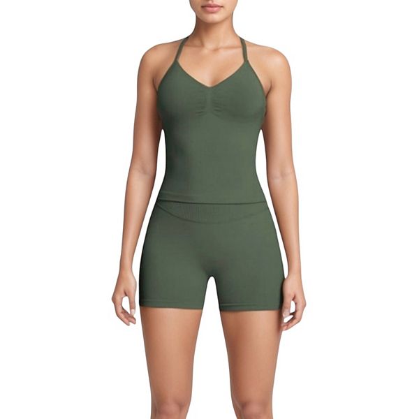 Женский бесшовный сет с топом на шее и облегающими шортами Anna-Kaci, Olive Green
Женский бесшовный сет с топом на шее и облегающими шортами Anna-Kaci, Olive Green