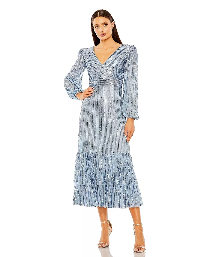 Женское платье с длинным рукавом, глубоким V-вырезом, ярусами и рюшами из пайеток Mac Duggal, синий
Женское платье с длинным рукавом, глубоким V-вырезом, ярусами и рюшами из пайеток Mac Duggal, синий