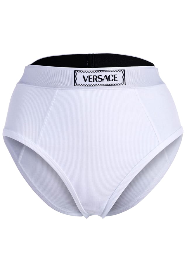 Трусы с высоким вырезом на бедре с высоким логотипом на талии трикотаж в рубчик хлопок стрейч Versace, белый
Трусы с высоким вырезом на бедре с высоким логотипом на талии трикотаж в рубчик хлопок стрейч Versace, белый