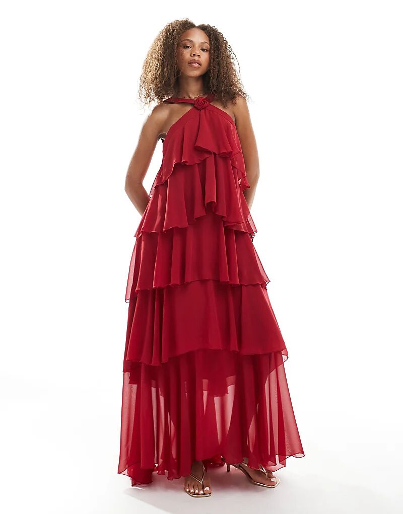 Платье макси Vero Moda Felicia с халтер-воротом, многоярусным вырезом и корсажем красного цвета 
Платье макси Vero Moda Felicia с халтер-воротом, многоярусным вырезом и корсажем красного цвета