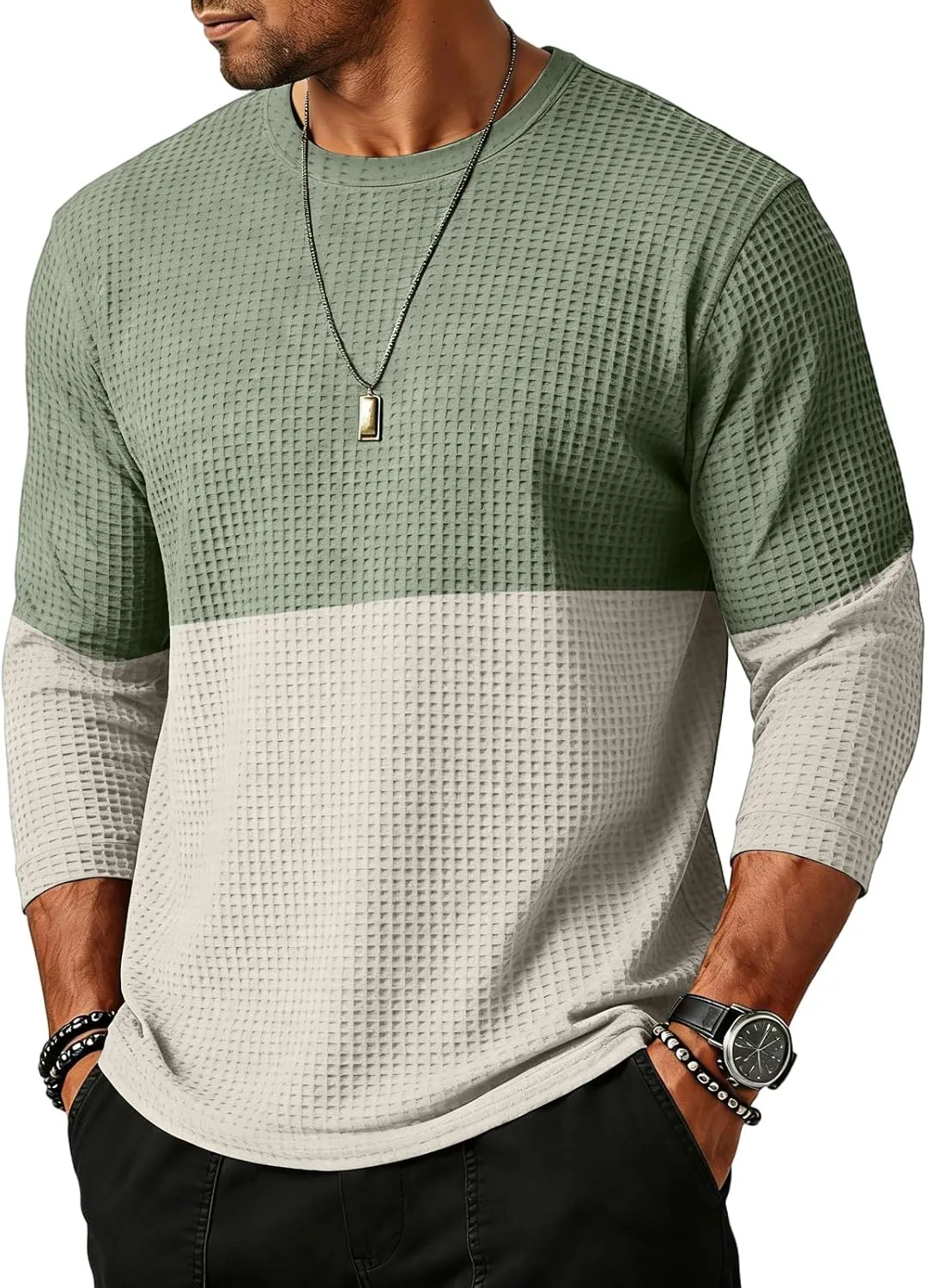 WENKOMG1 мужская футболка с вафельной вязкой, 3/4 рукава, цветной блок, athletic fit
WENKOMG1 мужская футболка с вафельной вязкой, 3/4 рукава, цветной блок, athletic fit