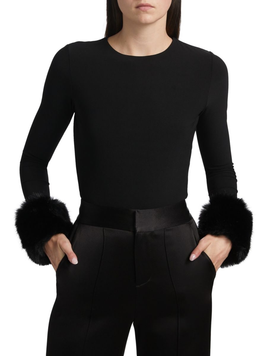 Укороченный топ Delaina с манжетами из искусственного меха Alice + Olivia, черный
Укороченный топ Delaina с манжетами из искусственного меха Alice + Olivia, черный