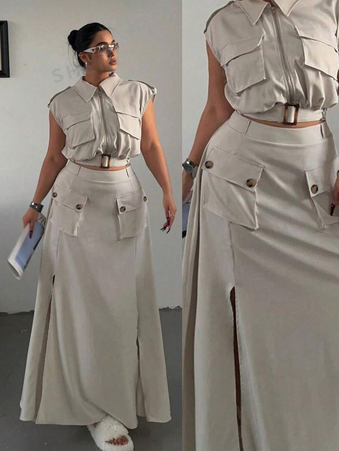 POPSWAY Комплект из 2 предметов: короткий топ без рукавов на молнии и юбка с высокой талией, вырез Shein, абрикосовый
POPSWAY Комплект из 2 предметов: короткий топ без рукавов на молнии и юбка с высокой талией, вырез Shein, абрикосовый