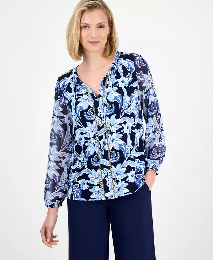 Женская блузка с длинным рукавом и принтом, с галстуком на шее JM Collection, синий
Женская блузка с длинным рукавом и принтом, с галстуком на шее JM Collection, синий