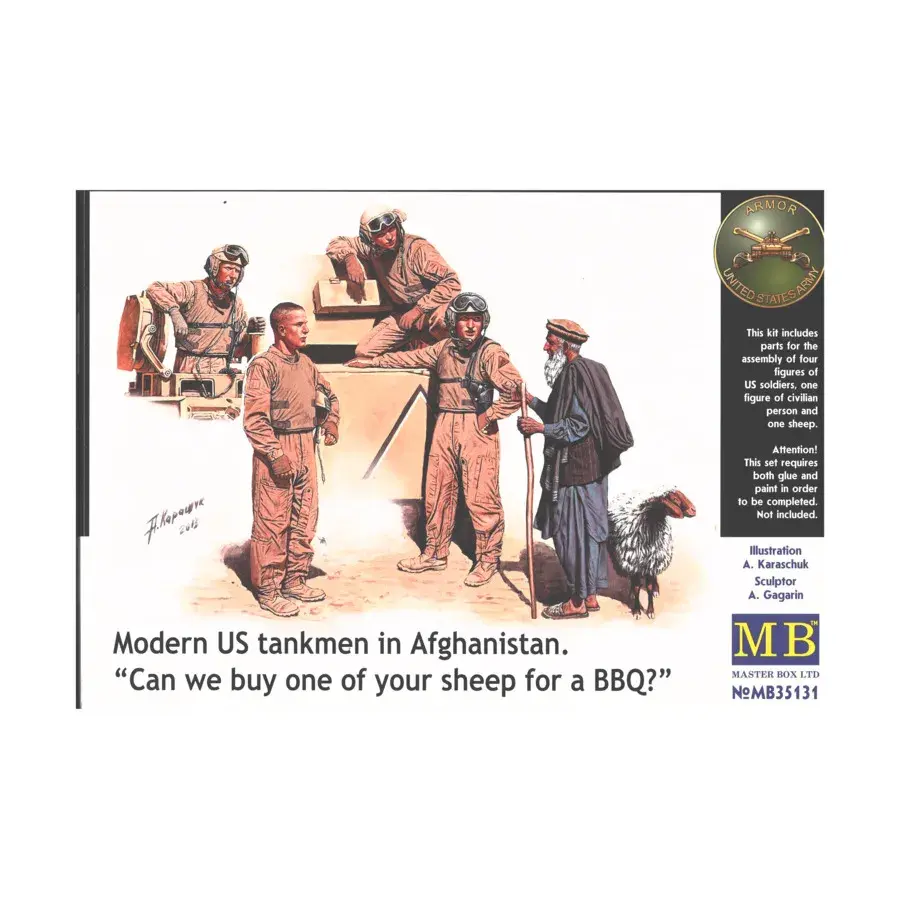 Американские солдаты, Афганистан: «Можем ли мы купить одну из ваших овец для барбекю», Modern Era Models (1:35) (Master Box)
Американские солдаты, Афганистан: «Можем ли мы купить одну из ваших овец для барбекю», Modern Era Models (1:35) (Master Box)