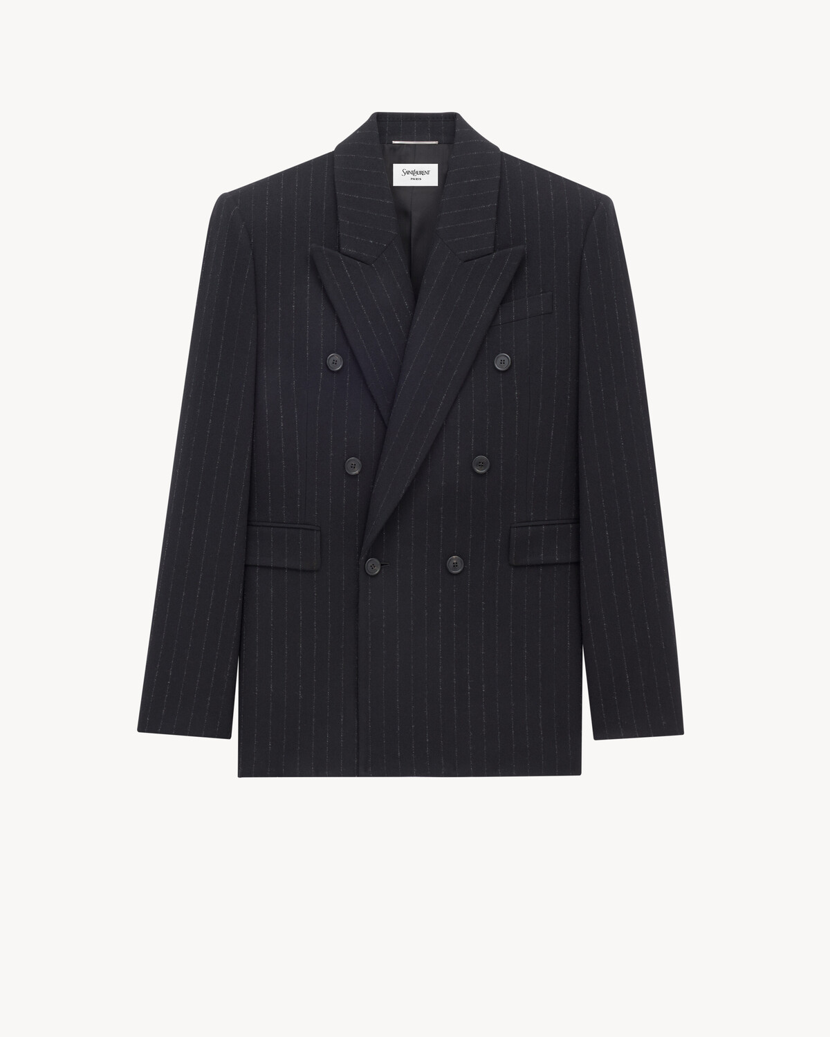 Пиджак в тонкую полоску из ворсистой шерсти и кашемирового фланеля Saint Laurent, черный
Пиджак в тонкую полоску из ворсистой шерсти и кашемирового фланеля Saint Laurent, черный