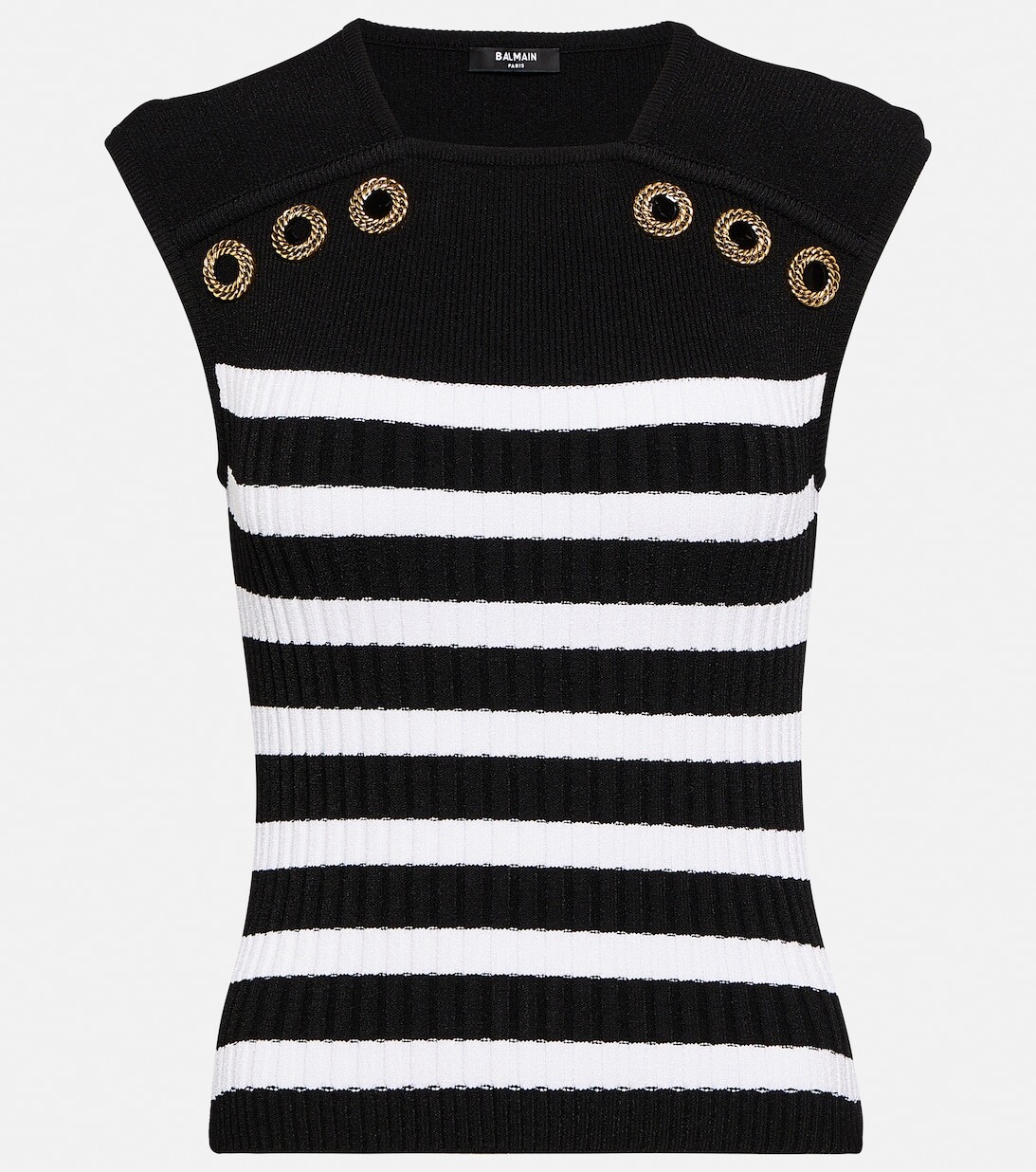 Полосатый трикотажный топ в рубчик BALMAIN, черный
Полосатый трикотажный топ в рубчик BALMAIN, черный