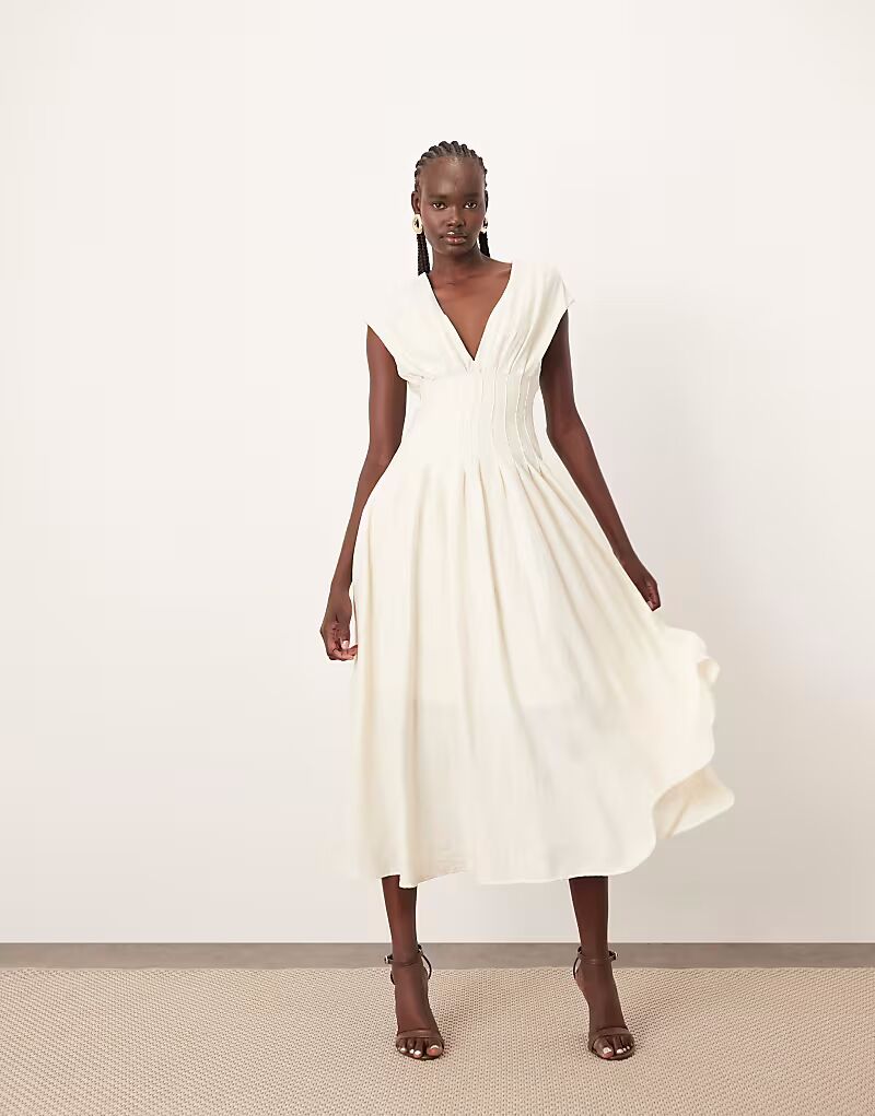 Платье миди из структурированного льна премиум-класса ARRANGE со складками на талии и завязками на спине в натуральном цвете 
Платье миди из структурированного льна премиум-класса ARRANGE со складками на талии и завязками на спине в натуральном цвете