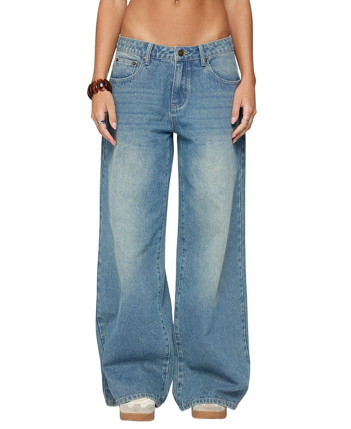 Графичные винтажные джинсы с эффектом потертости, низкой посадкой и светлым оттенком стирки Edikted, синий 
Графичные винтажные джинсы с эффектом потертости, низкой посадкой и светлым оттенком стирки Edikted, синий