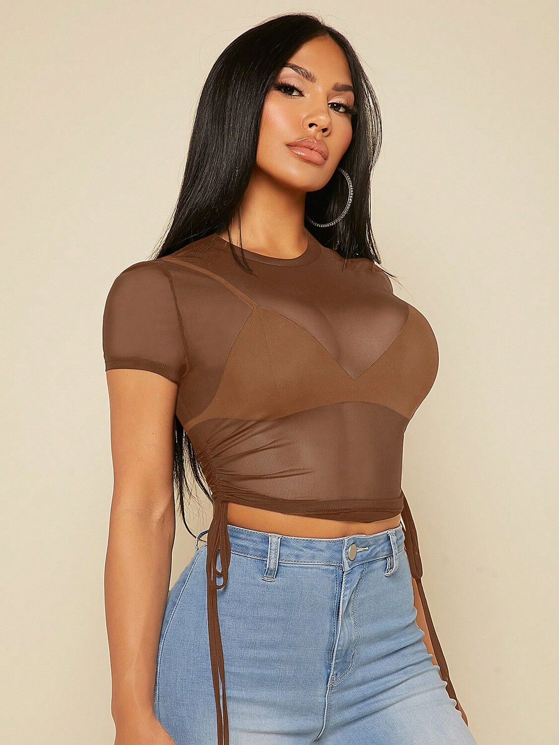 SHEIN SXY Женские однотонные прозрачные топы с круглым вырезом и короткими рукавами со сборками, коричневый цвет
SHEIN SXY Женские однотонные прозрачные топы с круглым вырезом и короткими рукавами со сборками, коричневый цвет