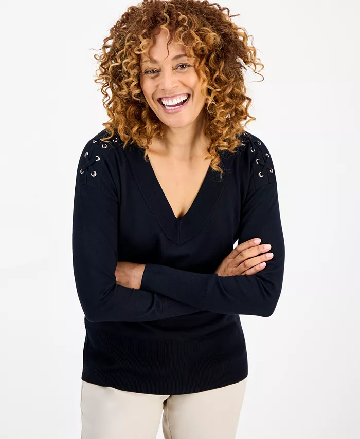 Женский свитер со шнуровкой на плечах и V-образным вырезом JM Collection, черный 
Женский свитер со шнуровкой на плечах и V-образным вырезом JM Collection, черный