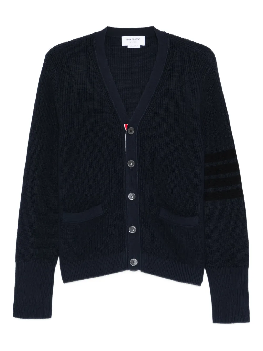 Синий кардиган с четырьмя полосками Thom Browne
Синий кардиган с четырьмя полосками Thom Browne