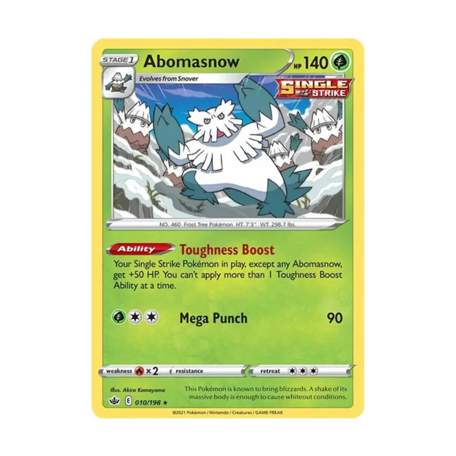 CCG Абомасноу (справа) # 010/198 (обратная голограмма), Pokemon - SWSH06: Chilling Reign - Singles
CCG Абомасноу (справа) # 010/198 (обратная голограмма), Pokemon - SWSH06: Chilling Reign - Singles