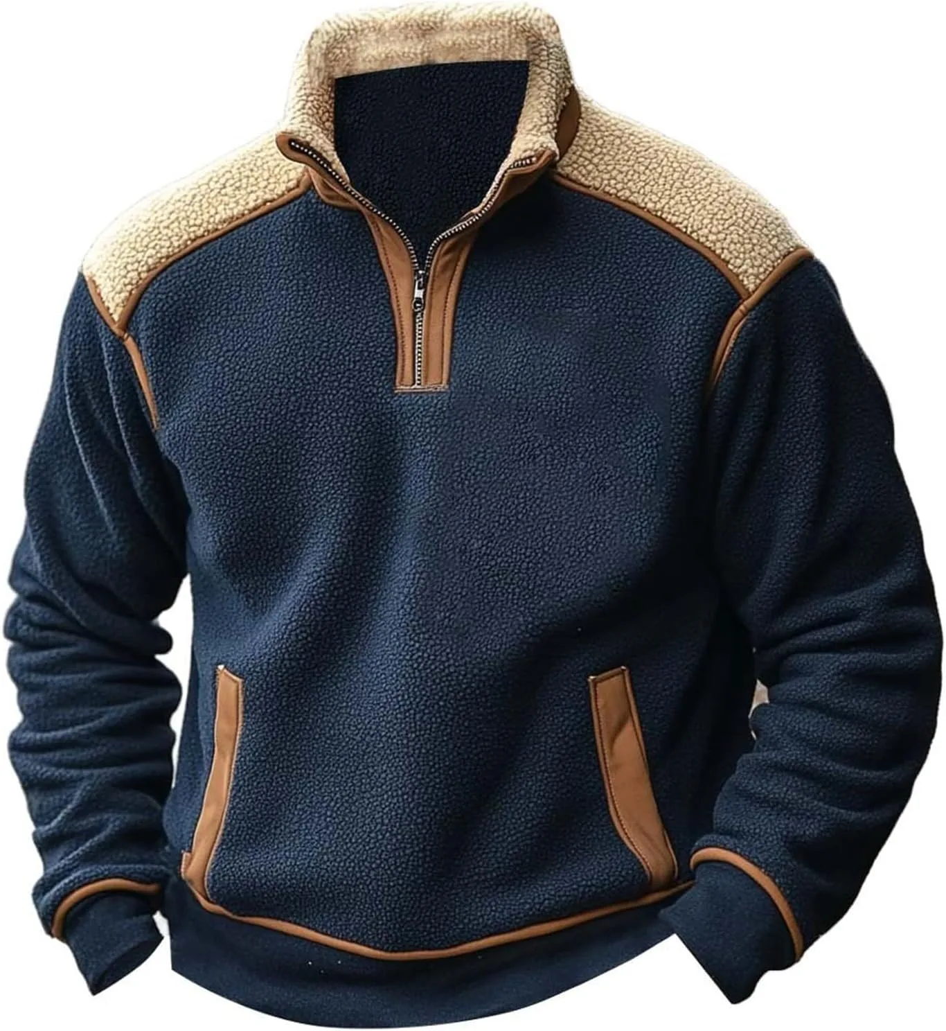 Мужская флисовая толстовка с молнией на четверть, navy blue и brown, воротник с подкладкой sherpa
Мужская флисовая толстовка с молнией на четверть, navy blue и brown, воротник с подкладкой sherpa