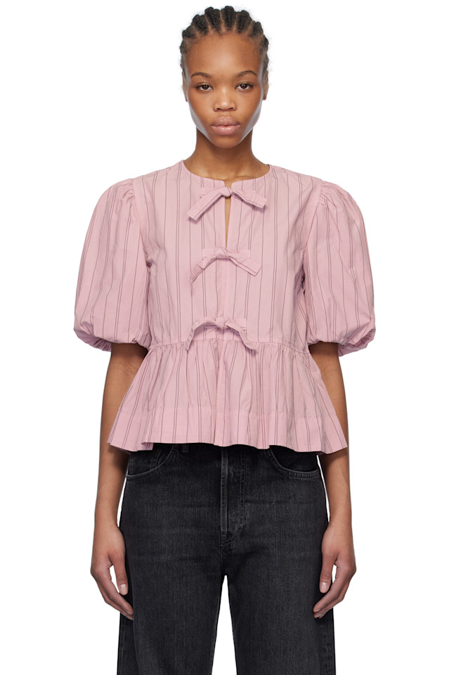 Хлопковая поплиновая блузка с баской и завязками Ganni, цвет lilac sachet 
Хлопковая поплиновая блузка с баской и завязками Ganni, цвет lilac sachet