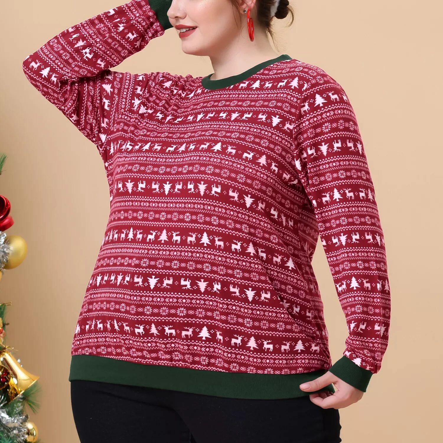 Женская трикотажная блузка больших размеров с круглым вырезом и длинными рукавами с рождественским узором Agnes Orinda 
Женская трикотажная блузка больших размеров с круглым вырезом и длинными рукавами с рождественским узором Agnes Orinda