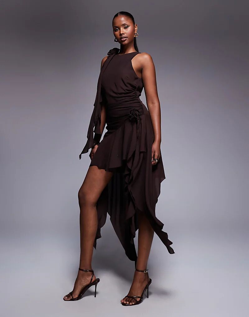 Мини-платье с корсажем Bardot и оборками шоколадного цвета
Мини-платье с корсажем Bardot и оборками шоколадного цвета