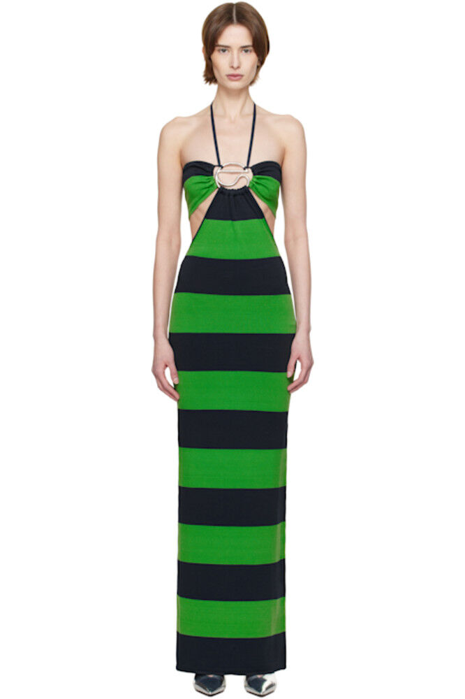 Зеленое и темно-синее трикотажное полосатое платье-макси с бретелью через шею Coperni
Зеленое и темно-синее трикотажное полосатое платье-макси с бретелью через шею Coperni