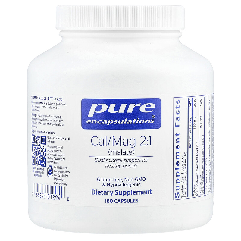 Pure Encapsulations, Cal / Mag 2: 1 (малат), 180 капсул
Pure Encapsulations, Cal / Mag 2: 1 (малат), 180 капсул