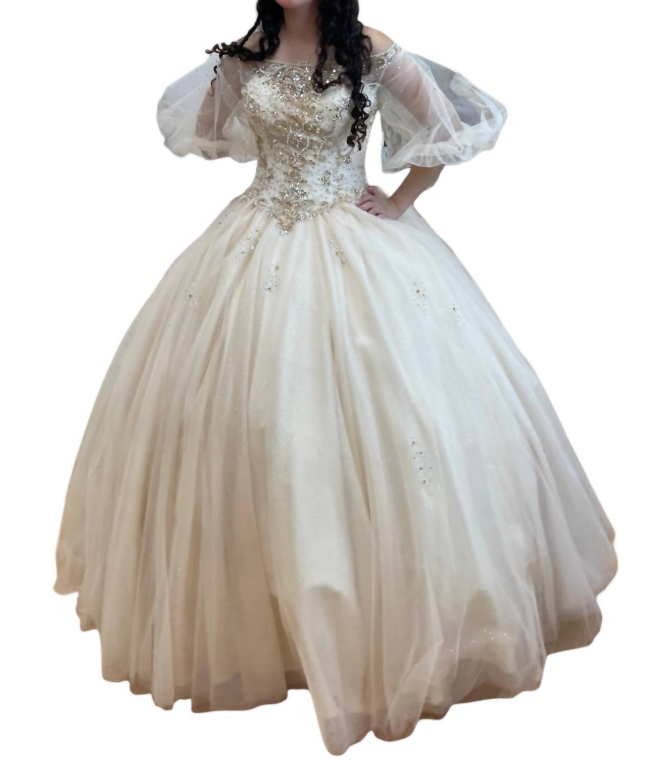 Платье цвета темного шампанского Quinceañera с пышными рукавами Mary's Bridal, цвет dark champagne 
Платье цвета темного шампанского Quinceañera с пышными рукавами Mary's Bridal, цвет dark champagne