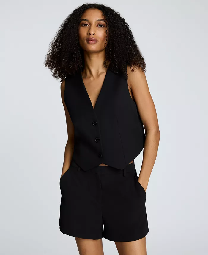 Женский жилет из роскошного твила с тремя пуговицами Kenneth Cole, черный 
Женский жилет из роскошного твила с тремя пуговицами Kenneth Cole, черный