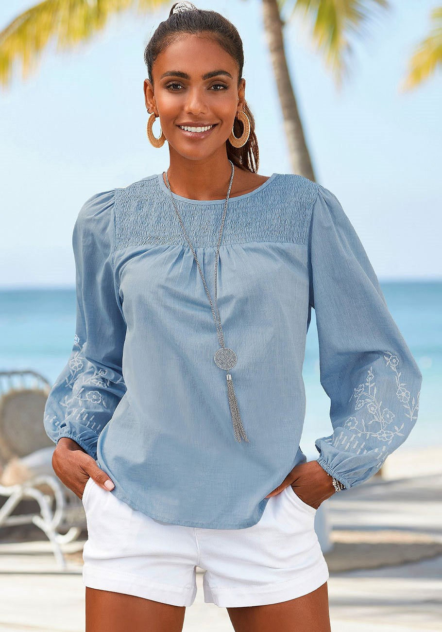 LASCANA Женская блузка с цветочной вышивкой на рукавах, цвет denim
LASCANA Женская блузка с цветочной вышивкой на рукавах, цвет denim