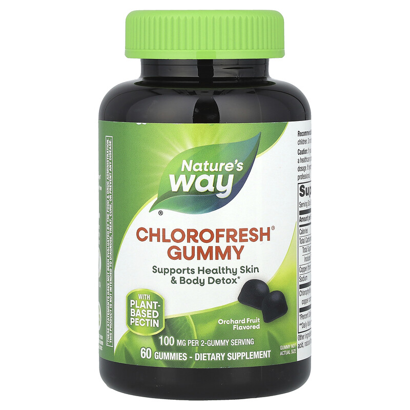 Nature's Way, Chlorofresh, жевательные мармеладки, фруктовый сад, 100 мг, 60 жевательных мармеладок (50 мг в каждой жевательной мармеладке)
Nature's Way, Chlorofresh, жевательные мармеладки, фруктовый сад, 100 мг, 60 жевательных мармеладок (50 мг в каждой жевательной мармеладке)