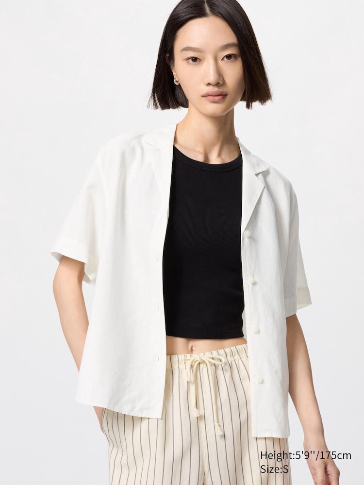 Рубашка с открытым воротником из смесового льна Uniqlo, цвет 01 белый 
Рубашка с открытым воротником из смесового льна Uniqlo, цвет 01 белый