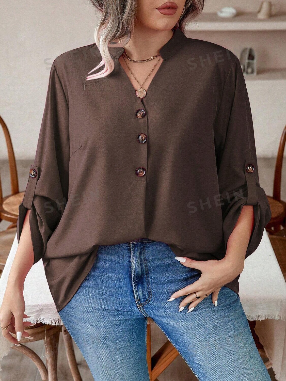 LUNE Рубашка больших размеров, однотонная, рукава подвернуты Shein, кофейно-коричневый
LUNE Рубашка больших размеров, однотонная, рукава подвернуты Shein, кофейно-коричневый