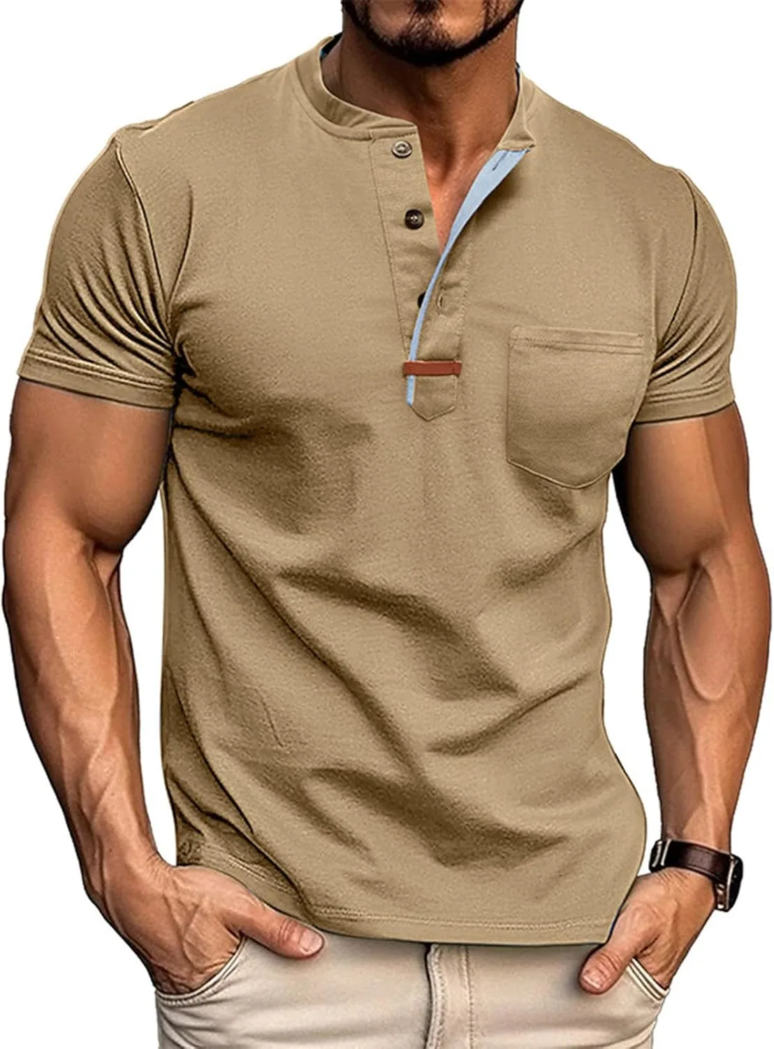 Мужская футболка хенли с коротким рукавом и карманом
Мужская футболка хенли с коротким рукавом и карманом