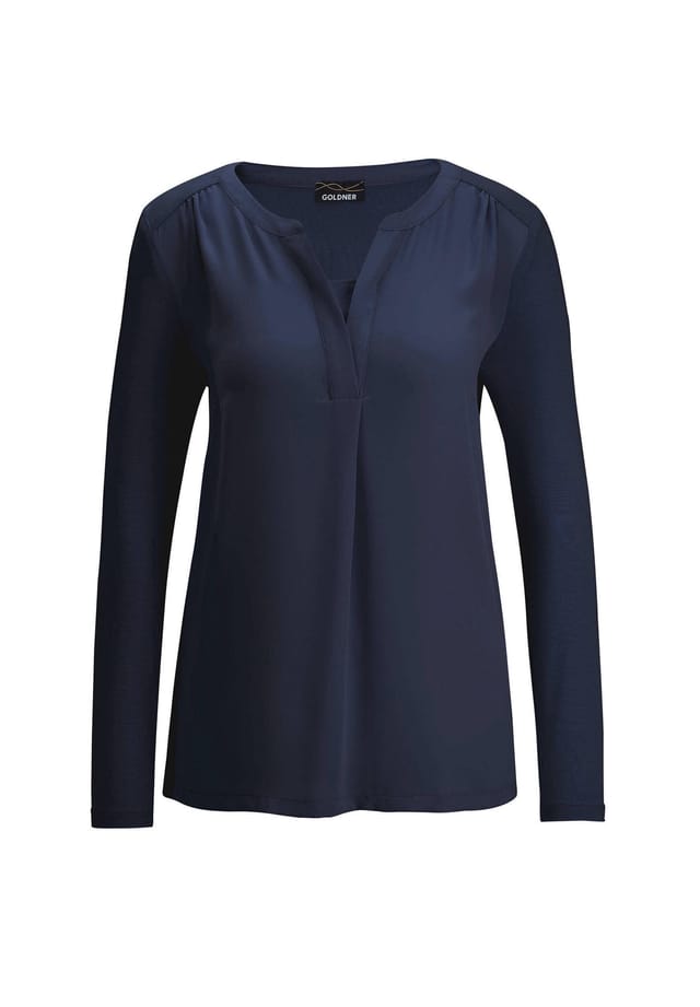 Короткий размер: блузка-рубашка с шифоновой вставкой Goldner, синий
Короткий размер: блузка-рубашка с шифоновой вставкой Goldner, синий