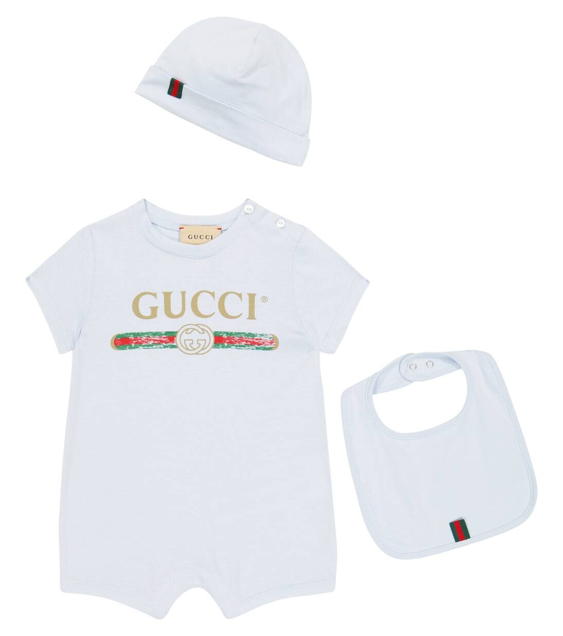 Детский хлопковый комбинезон, нагрудник и шапочка Gucci Kids, цвет pale blue/green/red
Детский хлопковый комбинезон, нагрудник и шапочка Gucci Kids, цвет pale blue/green/red