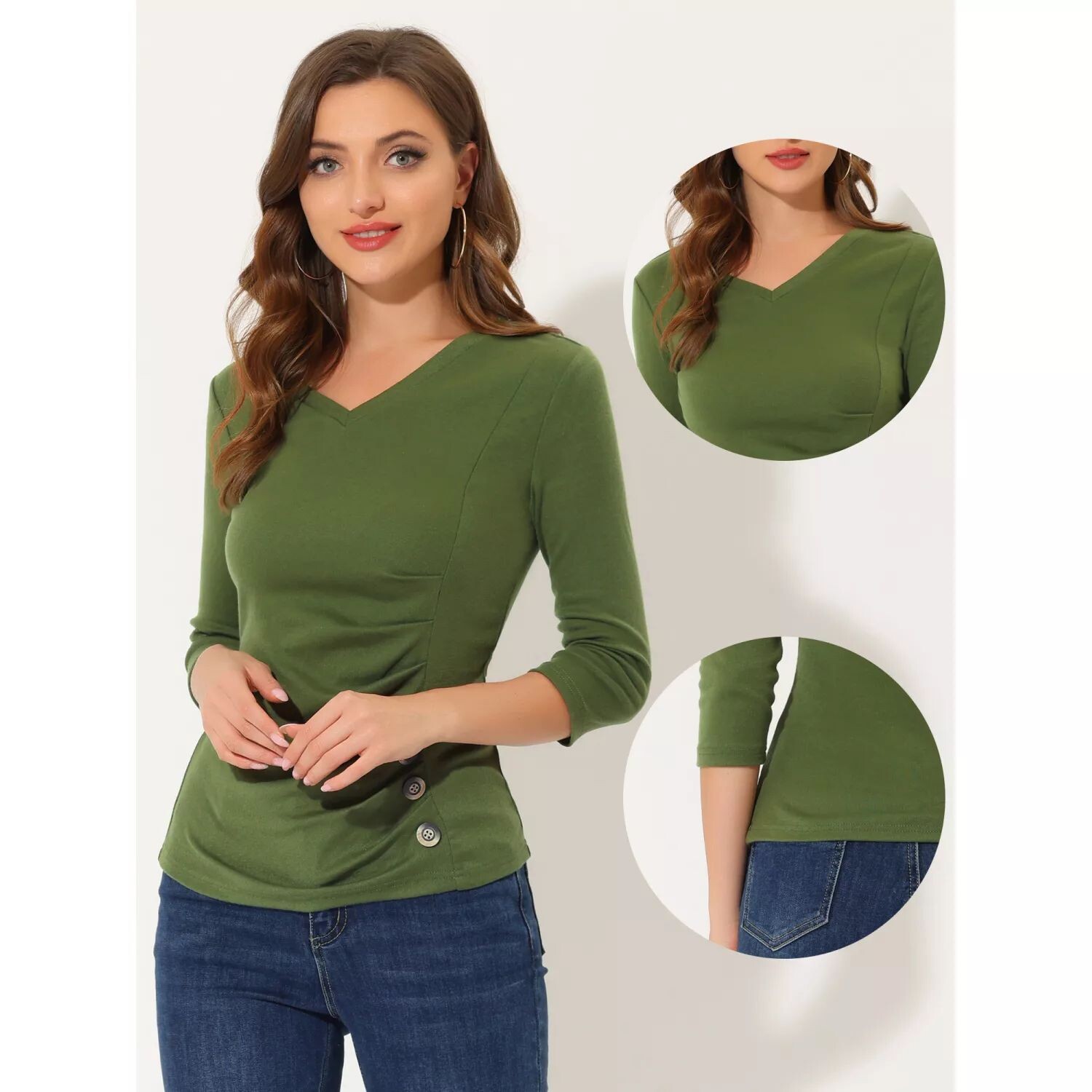 Женская однотонная блузка с V-образным вырезом и рукавами 3/4, вязаный топ с рюшами и пуговицами ALLEGRA K
Женская однотонная блузка с V-образным вырезом и рукавами 3/4, вязаный топ с рюшами и пуговицами ALLEGRA K