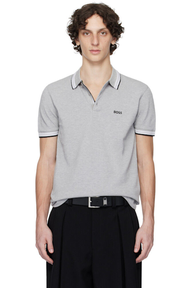 Серая рубашка-поло с логотипом под воротником и хлопковым пике из падди-пике BOSS
Серая рубашка-поло с логотипом под воротником и хлопковым пике из падди-пике BOSS