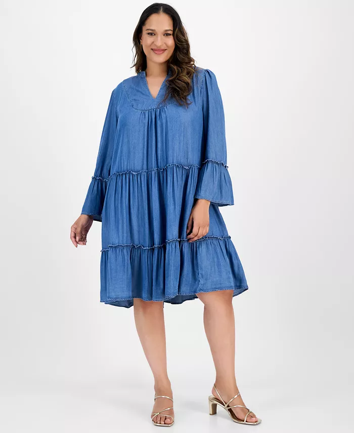 Платье-халат из денима больших размеров с ярусами Robbie Bee, синий
Платье-халат из денима больших размеров с ярусами Robbie Bee, синий