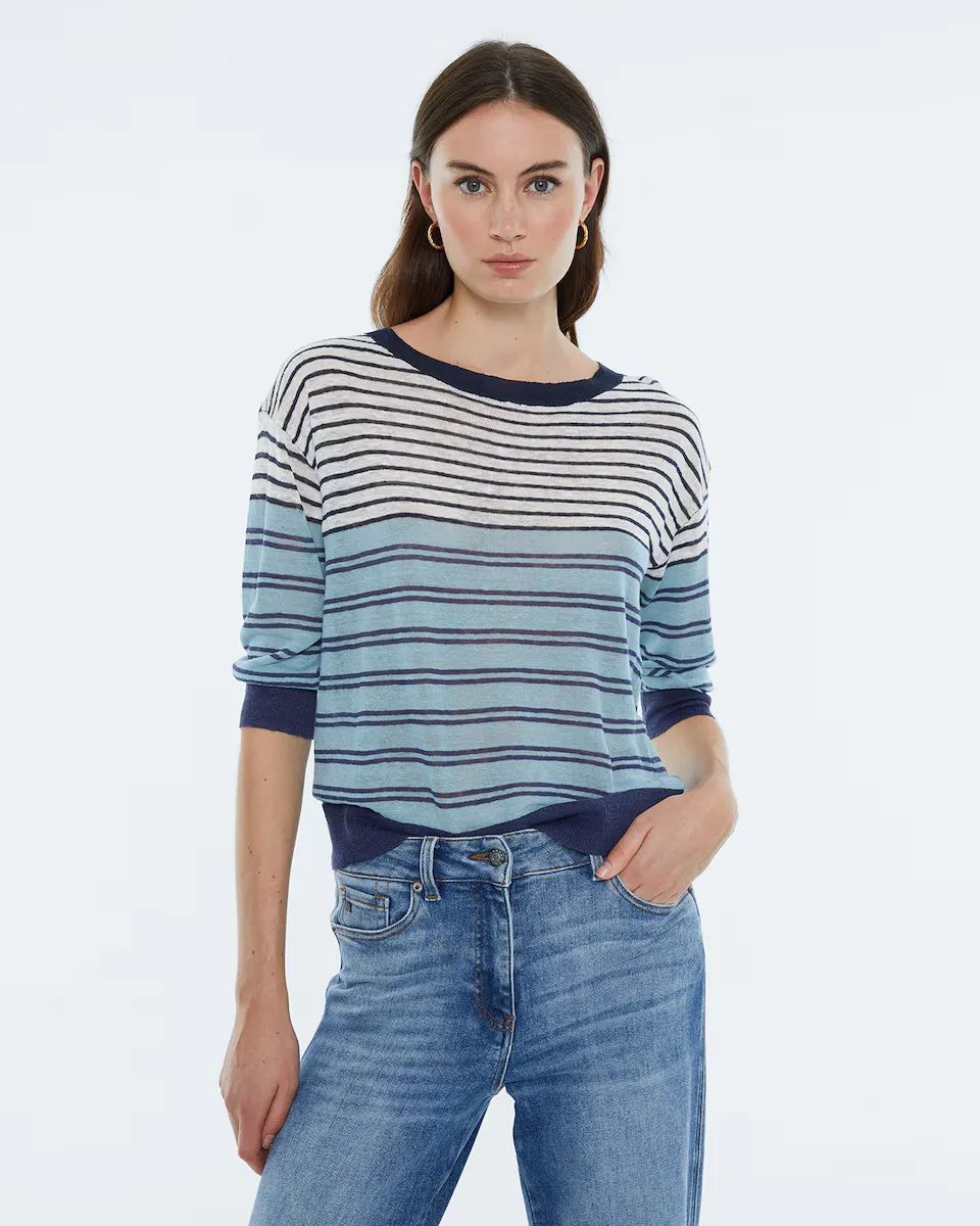 Женский свитер тонкой вязки в полоску с круглым вырезом и французскими рукавами Andam, синий
Женский свитер тонкой вязки в полоску с круглым вырезом и французскими рукавами Andam, синий