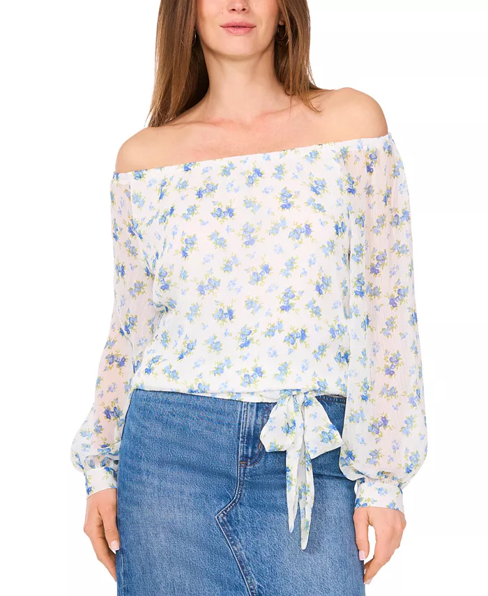 Женская блузка с цветочным принтом, с открытыми плечами, длинными рукавами и завязкой спереди Vince Camuto, слоновая кость/кремовый 
Женская блузка с цветочным принтом, с открытыми плечами, длинными рукавами и завязкой спереди Vince Camuto, слоновая кость/кремовый
