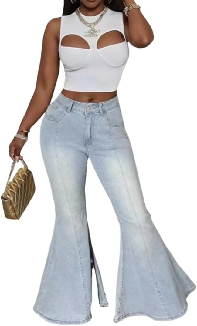 Женские джинсовые брюки-клеш с высокой талией и эластичным поясом
Женские джинсовые брюки-клеш с высокой талией и эластичным поясом