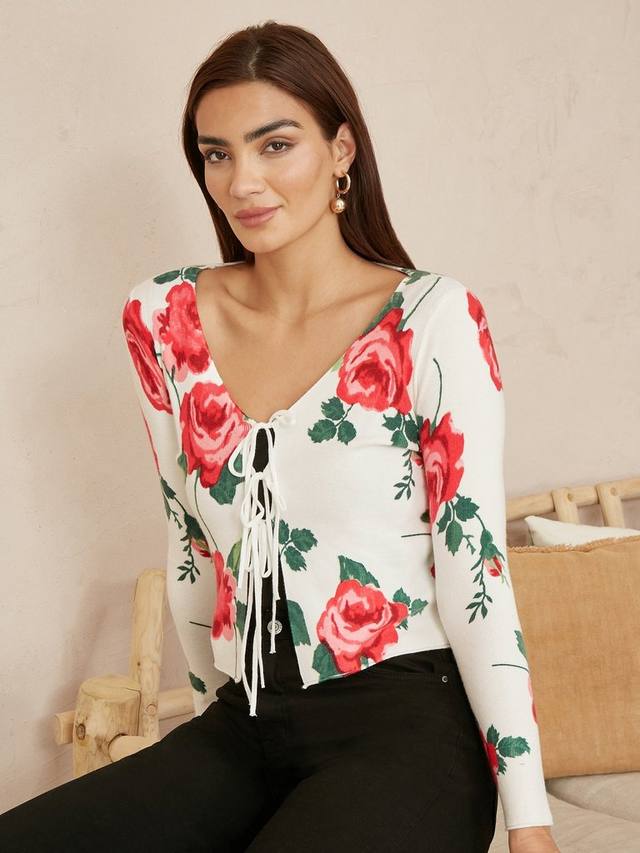 Кардиган с галстуком и розовым принтом спереди Yumi, белый
Кардиган с галстуком и розовым принтом спереди Yumi, белый