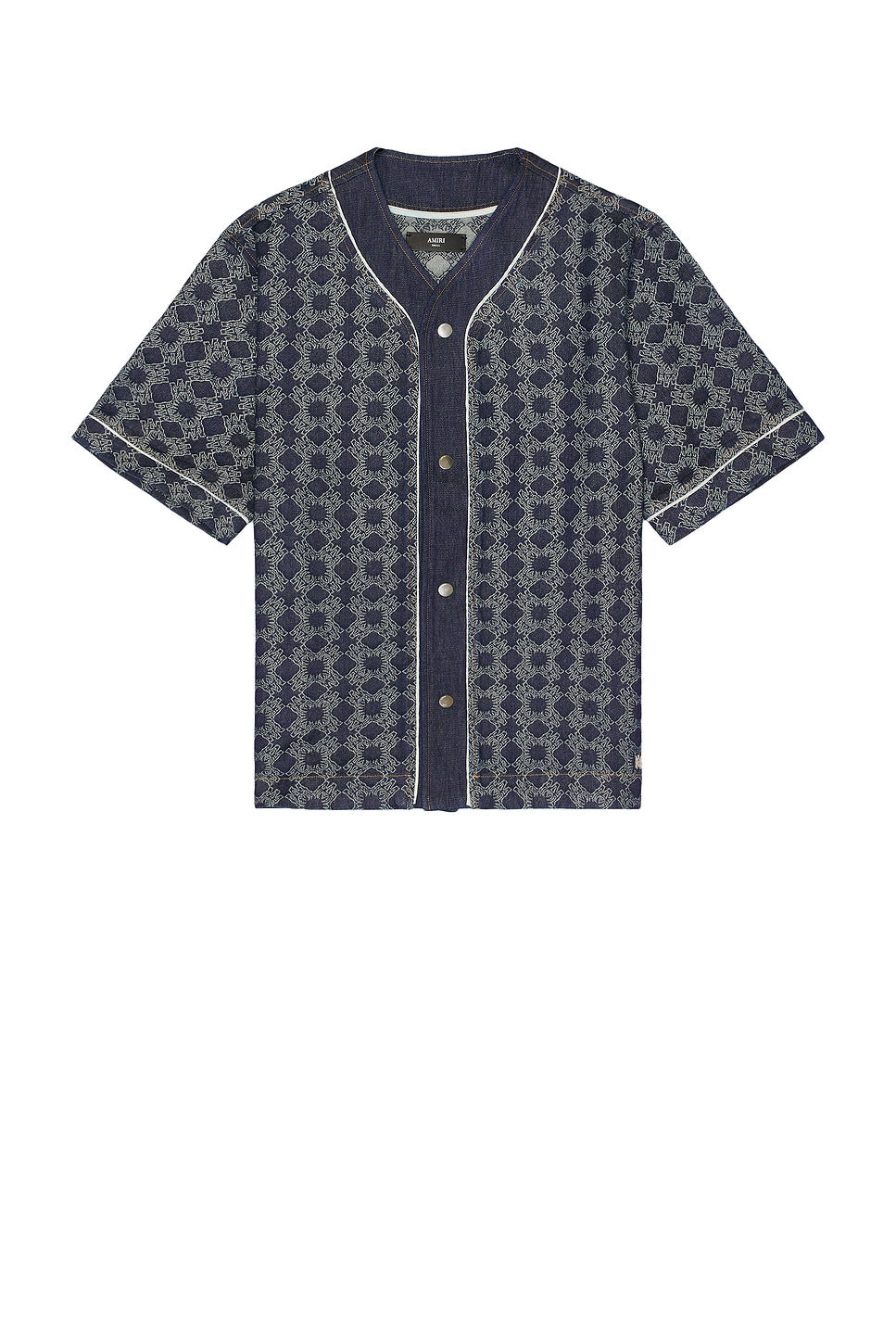 MA Quad Джинсовая бейсбольная рубашка Amiri, Undone Indigo 
MA Quad Джинсовая бейсбольная рубашка Amiri, Undone Indigo