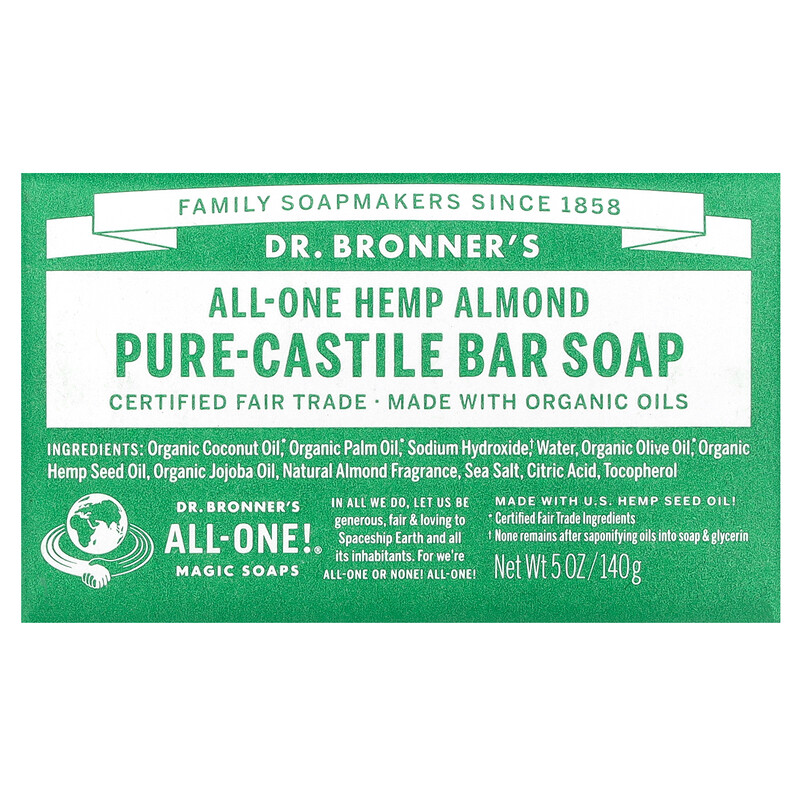 Dr. Bronner's, Кусковое мыло Pure-Castile, All-One, конопля и миндаль, 140 г (5 унций)
Dr. Bronner's, Кусковое мыло Pure-Castile, All-One, конопля и миндаль, 140 г (5 унций)