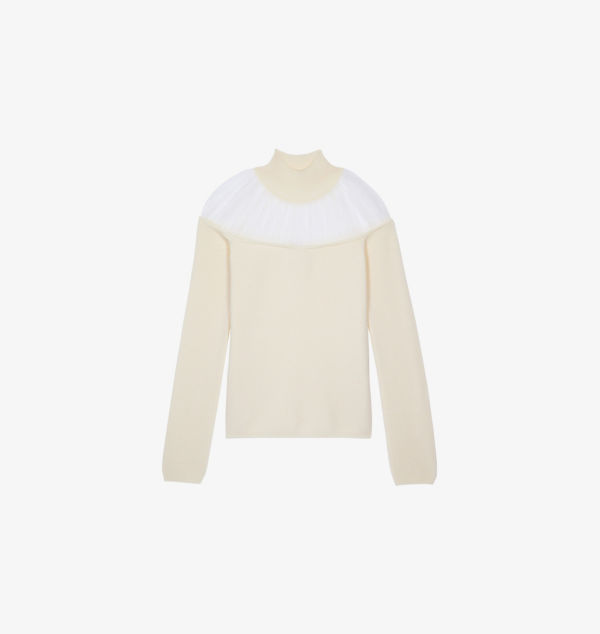 Джемпер из хлопковой смеси с высокой горловиной и отделкой из тюля The Kooples, экрю 
Джемпер из хлопковой смеси с высокой горловиной и отделкой из тюля The Kooples, экрю