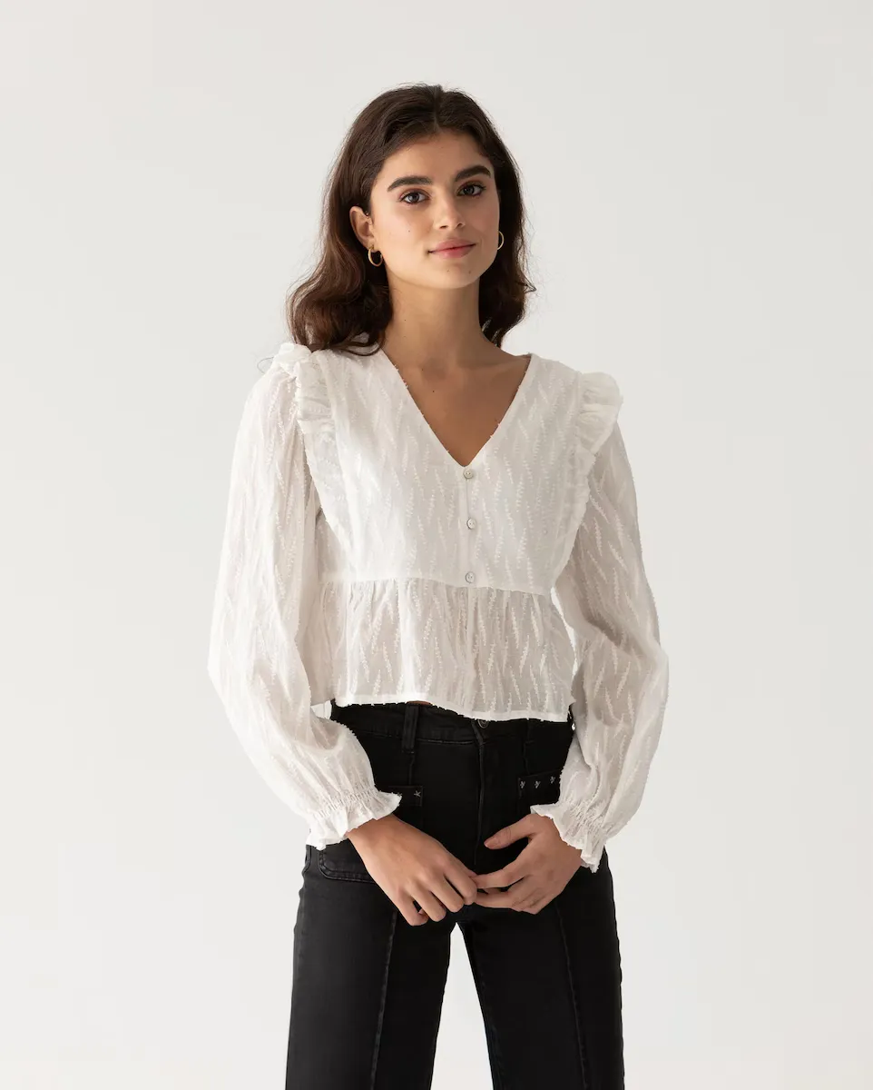 Женский топ с V-образным вырезом и застежкой на пуговицы спереди Noon, белый
Женский топ с V-образным вырезом и застежкой на пуговицы спереди Noon, белый