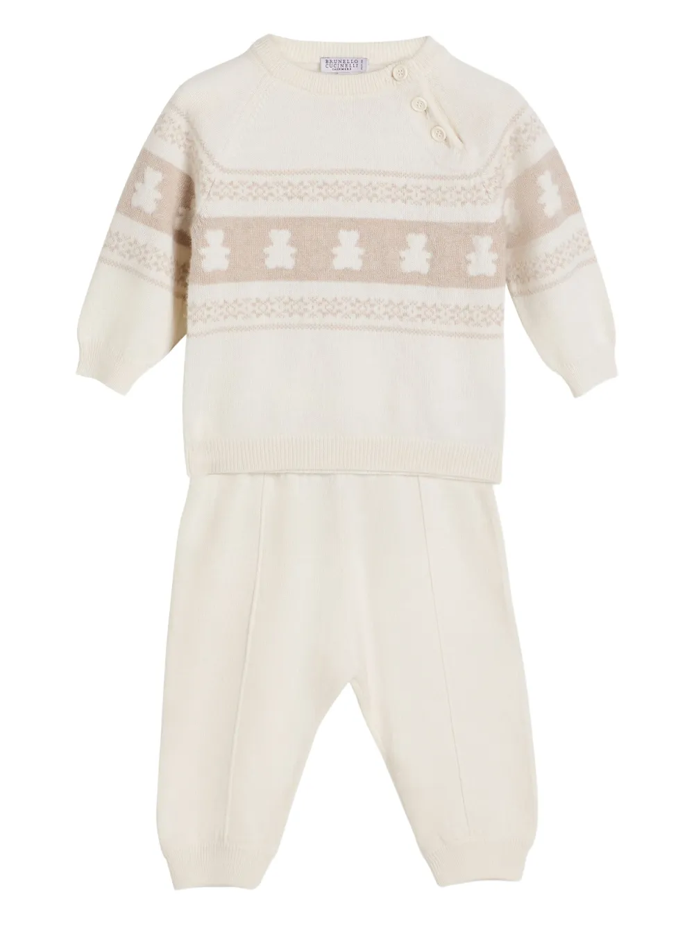 Жаккардовый комплект из топа и брюк Brunello Cucinelli Kids, нейтральный
Жаккардовый комплект из топа и брюк Brunello Cucinelli Kids, нейтральный