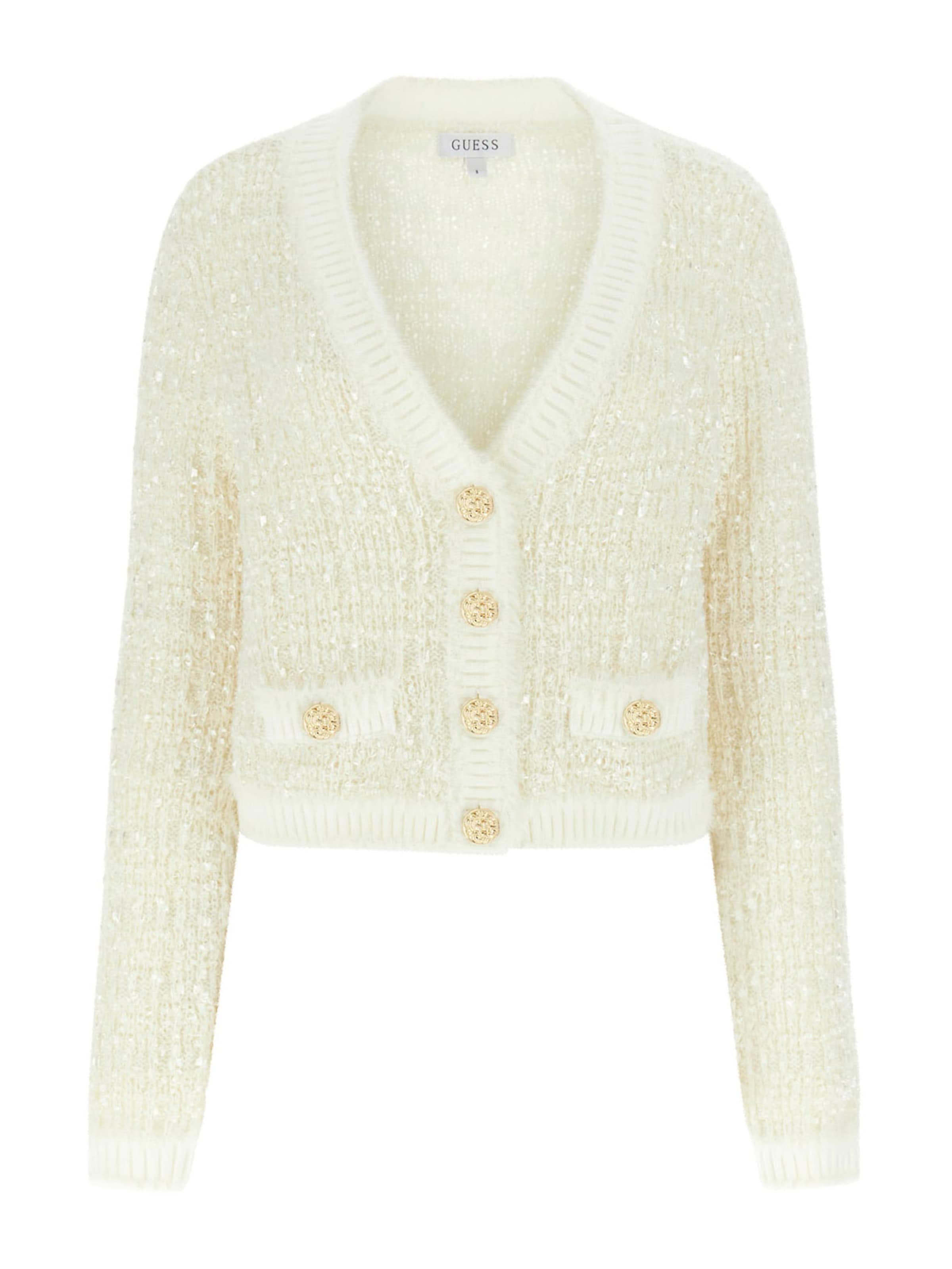 GUESS Вязаный кардиган 'AOMORI' из шерсти белого цвета
GUESS Вязаный кардиган 'AOMORI' из шерсти белого цвета